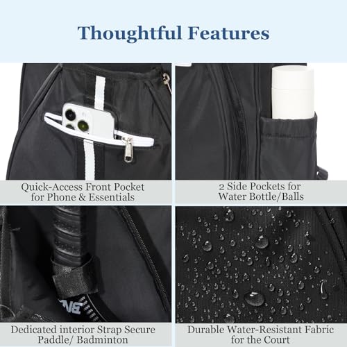 Pickleball Bag Backpack Fits 2 to 6 Paddles, Large Pickle ball Bags for Men and Women with Shoe Compartment and Fence Hook, Great Pickleball Gifts - color: Black