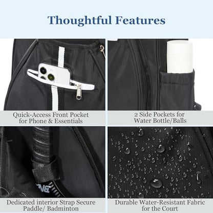 Pickleball Bag Backpack Fits 2 to 6 Paddles, Large Pickle ball Bags for Men and Women with Shoe Compartment and Fence Hook, Great Pickleball Gifts - color: Black