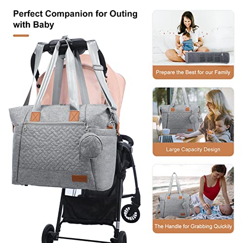 LOVEVOOK Diaper Bag Tote, Baby Diaper Bag Waterproof Travel Diaper Tote with Changing Pad - color: Light Grey