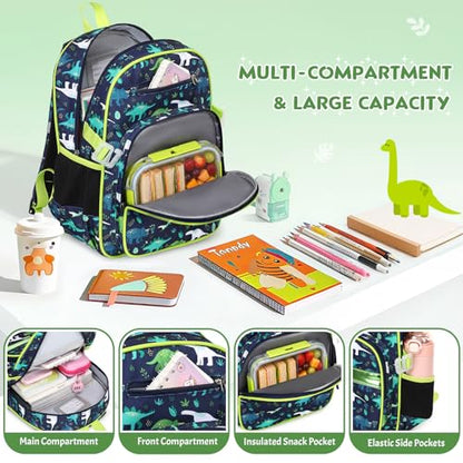 3PCS Boys Backpack Ages 5-8 with Lunch Bag & Pencil Case, Toddler School Backpack for Kids Boys - 15inch Backpack Boy Bookbag for Preschool Kindergarten Elementary School - color: Dinosaur