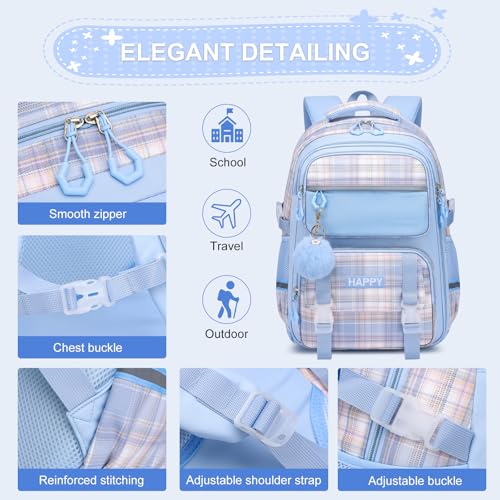 KEBEIXUAN Kids Backpack for Girls - Cute Plaid Bookbag for Elementary Student, Lightweight and Spacious School Bag (Blue) - color: Plaid Blue