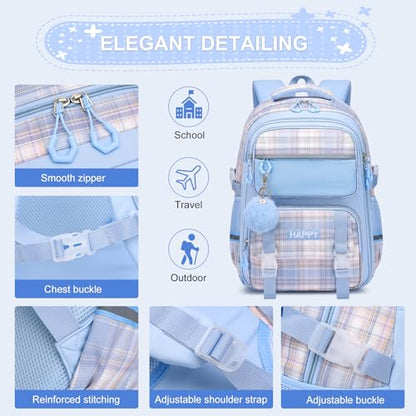 KEBEIXUAN Kids Backpack for Girls - Cute Plaid Bookbag for Elementary Student, Lightweight and Spacious School Bag (Blue) - color: Plaid Blue