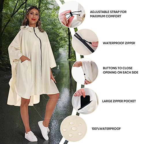 PTEROMY Hooded Rain Poncho for Adult with Pocket and Zipper, Waterproof Lightweight Raincoat for Men and Women - color: Beige