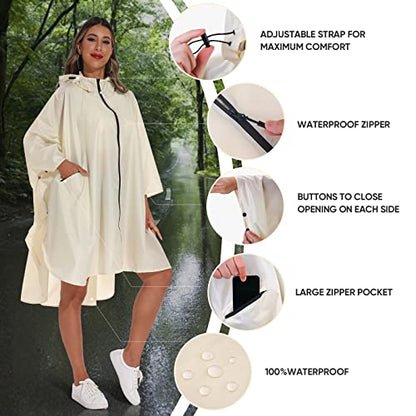 PTEROMY Hooded Rain Poncho for Adult with Pocket and Zipper, Waterproof Lightweight Raincoat for Men and Women - color: Beige
