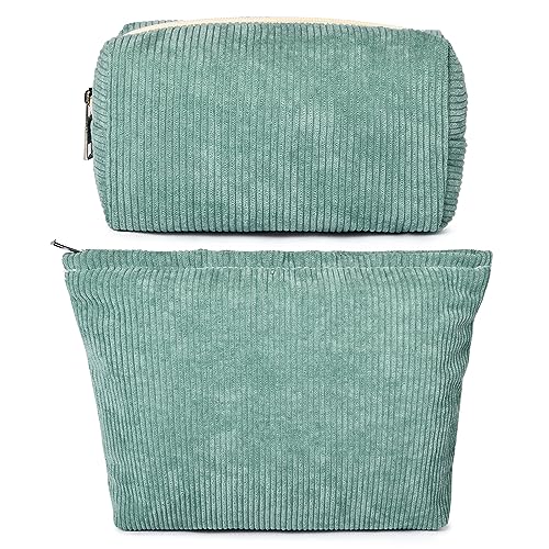 SOIDRAM 2 Pieces Makeup Bag Large Corduroy Cosmetic Bag Capacity Canvas Mix Travel Toiletry Bag Organizer Cute Makeup Brushes Aesthetic Accessories Storage Bag for Women, Corduroy Mix Green - color: Corduroy Green