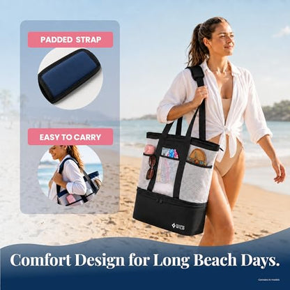 Beach Bag with Cooler Compartment Plus 3 Ice Packs – Keeps Drinks Cold for 6+ Hours – Insulated Beach Tote and Cooler Combo – Stay Organized with Two Bags in One- Perfect for Poolside and Picnics - color: Black and White