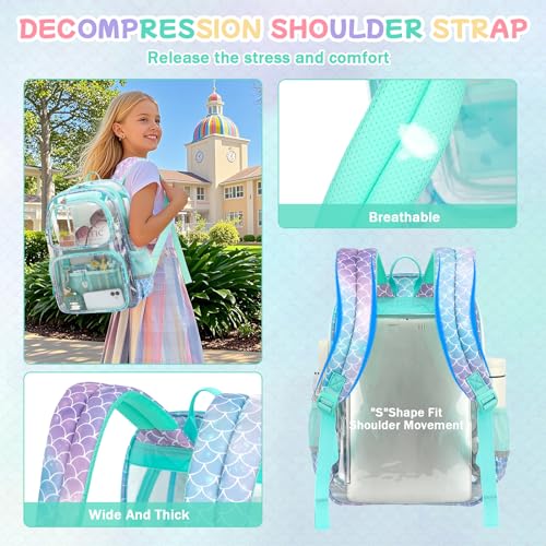 Sisipoet Clear Backpack for Girls, Heavy Duty PVC Transparent Bookbag for School, Funny Kids Backpacks with Mermaid Print, Blue - color: Mermaid