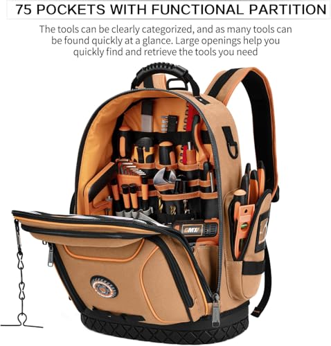 Tool Bag Backpack, 75 Pockets & Loops Canvas Heavy Duty Tools Organizer Bags/HVAC Tool Carrier for Electrician/Construction Work with Molded Base and Combination Lock - Brown - color: Brown