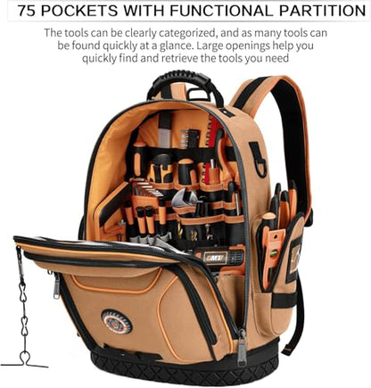Tool Bag Backpack, 75 Pockets & Loops Canvas Heavy Duty Tools Organizer Bags/HVAC Tool Carrier for Electrician/Construction Work with Molded Base and Combination Lock - Brown - color: Brown