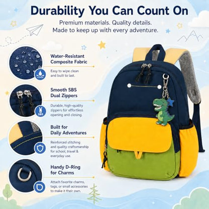 BTOOP Kids Backpack for Boys 3-6, Preschool Kindergarten Backpack with Insulated Lunch Compartment & Chest Strap, Cute Lightweight School Travel Bag Fits A4 Folder - color: Navy-blue, size: Age 3-6 (14.5" H Fit Folder)