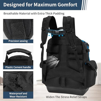 BLISSWILL Tool Bag Backpack for men,Heavy Duty Tool Backpack Bag with Waterproof Molded Base，62 Pockets/40 Loops Heavy Duty Tools Organizer Bags/Electrician/Industrial/Construction Work Backpack - color: Black