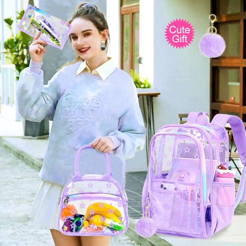 gxtvo 3PCS Clear School Backpack Heavy-Duty Set for Women & Teen Girls, 17" Purple See Through Bookbag with Rainbow Strap, Cute Star Transparent Bag - color: Purple Star Rainbow Clear Backpack Set