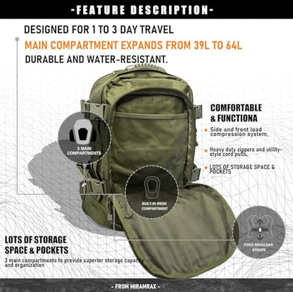 Miramrax Tactical Backpack Military Hiking Daypack - Molle Backpack for Men 3 Day Assault Pack Bug Out Bag for Camping Travel Army Hunting Gym Rucksack Survival (Green) - color: Green