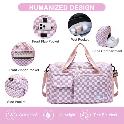 Small Gym Bag for Women, Travel Duffle Bag Carry On Weekender Bag with Shoe Compartment - color: 39#pink Checkered, style: Gym Bag&toiletry Bag