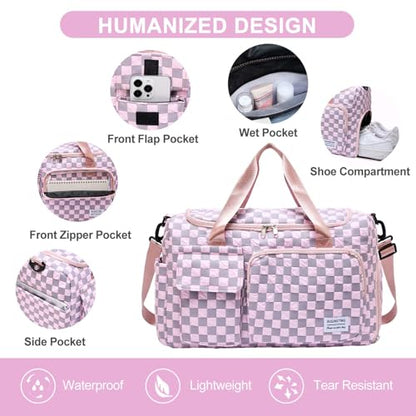 Small Gym Bag for Women, Travel Duffle Bag Carry On Weekender Bag with Shoe Compartment - color: 39#pink Checkered, style: Gym Bag&toiletry Bag