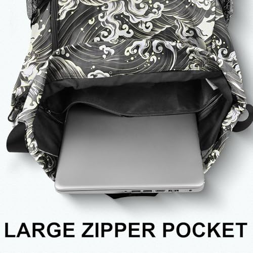 Drawstring Backpack with Mesh Pockets String Gym Bag Sackpack Sandproof Water Resistant Beach Backpack for Men Women - color: Black Waves