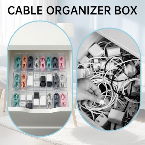 3 Pack Cable Organizer Box with Silicone Straps, Plastic Cord Management Box with Lid