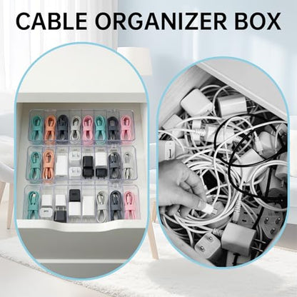 3 Pack Cable Organizer Box with Silicone Straps, Plastic Cord Management Box with Lid