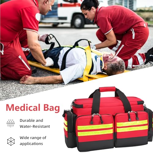 Empty Medical Bag First Aid Bag Home Health,First Aid Storage with Detachable Divider Medical Supplies Emergency Responder for Nursing Student,Therapist,Doctors - color: Red