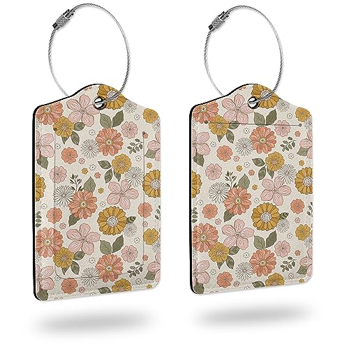 Luggage Tags for suitcases,2 Pack Retro Groovy Boho Flower Luggage Tag,Leather Stainless Steel Loop Label Tag for Women Men Girls Travel Bag Suitcase - color: Retro Groovy Boho Flower