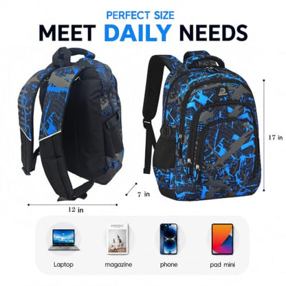 MYGOO Boys School Backpack Archibald Camo Blue Bookbag for Elementary Middle School Ages 5-12, 17 inch Large Capacity 24L Kids Student Travel Bags - color: Archibald Camo Blue
