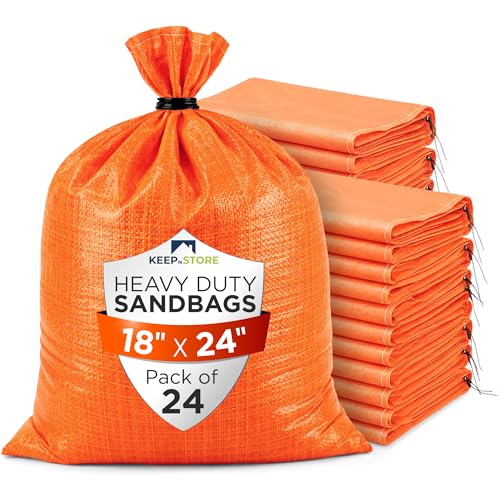 Heavy Duty Sand Bags Pack of 24, Bright Orange Empty Sandbags with Built-In Ties, Woven Polypropylene UV Protection 1600 Hours, Fillable Bags for Flood Control, Weight, 18x24 inches, 60 Pounds Volume - size: 18"W x 24"L, style: Pack of 24