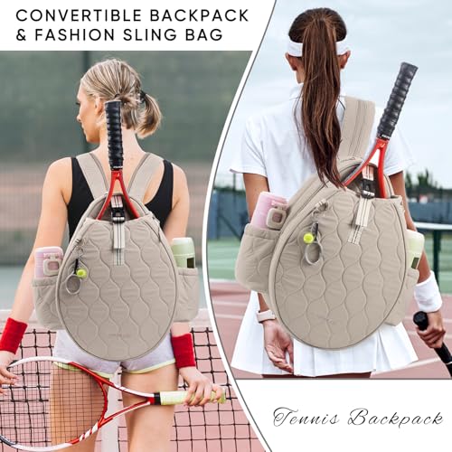 Quilted Tennis Bag for Women – Tennis Backpack & Crossbody Sling | Holds 2 Rackets or 3 Pickleball Paddles | Lightweight Badminton Racket Bag, Tennis Tote & Sports Backpack - color: Sand Beige