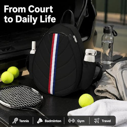 Tennis Bag, Water Resistant Tennis Backpack for Women Men, Quilted Crossbody Sling Design for Tennis, Pickleball, Badminton Rackets - color: Black