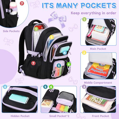 Girls Backpack, 17-Inch Bookbag for Middle & Elementary School, Kawaii Kids Backpack for Girls Ages 6-12(Black Purple) - color: Black Purple