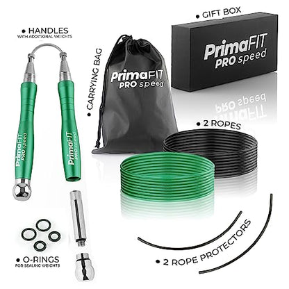 PrimaFIT Jump Rope Pro Speed Skipping Rope Adjustable Adult Jumping Rope Weighted Aluminium Handles for Double Dutch Boxing Workout Crossfit Exercise Fitness Spare Cable Weights Protectors Carry Bag - color: Green
