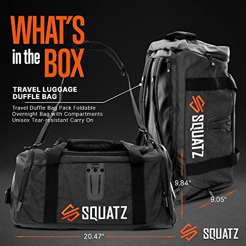 SQUATZ Duffle Bag Backpack, Gym Bag and Sports Bag, Removable Shoulder Straps, Carry On Weekend Bag for Airplane, Workout Overnight Backpack for Travel for Men and Women, USB Port, Black