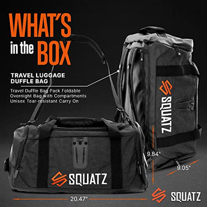 SQUATZ Duffle Bag Backpack, Gym Bag and Sports Bag, Removable Shoulder Straps, Carry On Weekend Bag for Airplane, Workout Overnight Backpack for Travel for Men and Women, USB Port, Black