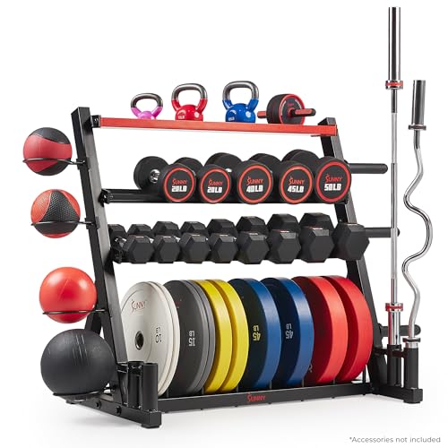 Sunny Health & Fitness Multi-Weight Storage Rack Stand for Dumbbells, Kettlebells, Olympic Weight Plates, Barbell, Medicine Ball - style: Mass Storage Rack
