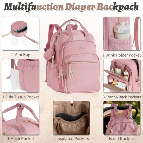 Diaper Bag Backpack, 27L Large Quilted Small Baby Bag with Changing Pad & Pacifier Case, Stroller Hooks, Easy-Access Baby Essential, Maternity Travel Backpack Unisex, Pink - color: Pink, size: Large