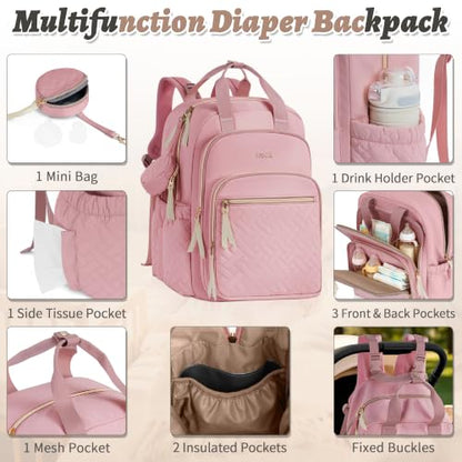 Diaper Bag Backpack, 27L Large Quilted Small Baby Bag with Changing Pad & Pacifier Case, Stroller Hooks, Easy-Access Baby Essential, Maternity Travel Backpack Unisex, Pink - color: Pink, size: Large