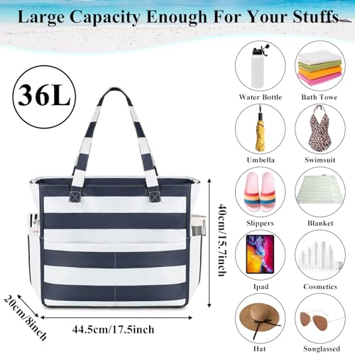 LEDAOU Beach Bag Waterproof Sandproof Women Beach Tote Pool Bag with Zipper for Swim Gym Grocery Travel with Wet Pocket | Sandproof - color: Blue Grey White