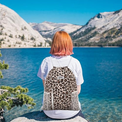 WANDF Drawstring Backpack Sports Gym Sackpack with Mesh Pockets Water Resistant String Bag for Women Men (Pink Leopard) - color: Pink Leopard