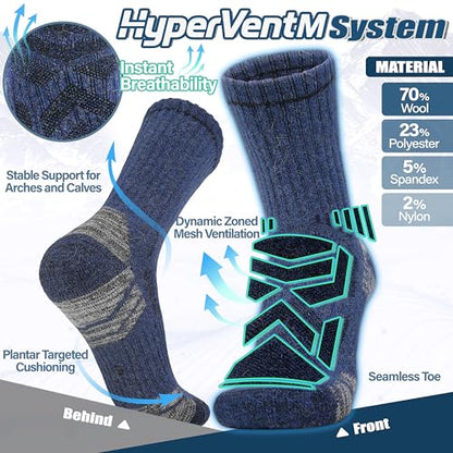 ANTSANG Merino Wool Hiking Socks, Enhanced Breathability, Targeted Cushion Thermal Socks for Men and Women, 5 Pairs - color: Blue/Brown/Black, size: Medium