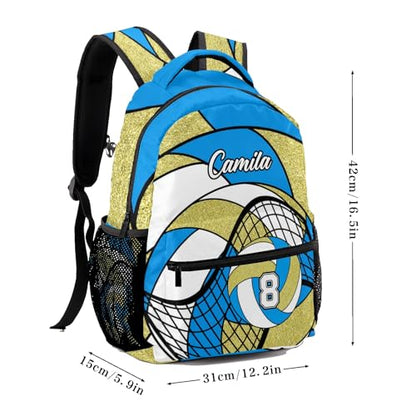 Volleyball Light Blue Gold Waterproof Backpack Casual School Bags Bookbag Custom Daypack for Birthday Holiday Gift - color: Volleyball Light Blue Gold