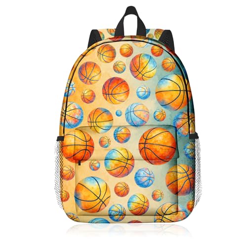 Kids Youth Basketball Backpack 16 Inch, School Bookbag for Boys Girls, Watercolor Orange Blue Print, Lightweight Polyester Daypack with Side Pocket, Front Zipper, Padded Straps, 15.4x11.8x4.7 in - color: Basketball