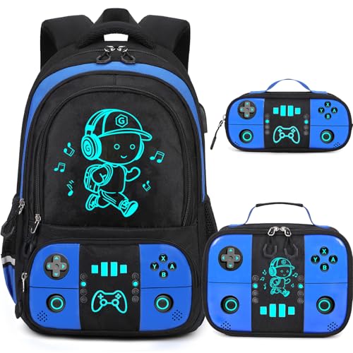 Bevalsa Backpack for School Boys, Cool Luminous Gamer Boys Schoolbag with Lunch Box & Pencil Case Set for Kids Teens Elementary Middle School, Bookbag Glow In The Dark(Blue School Backpack) - color: Blue School, style: Backpack