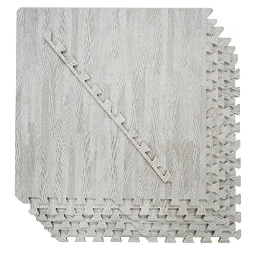 100 Sq. Ft 3/8 Inch Thick Printed Foam Tiles Interlocking Foam Mat, 24" x 24", 25 pcs, White Wood Grain Style Protective Flooring, for Home, Exercise or Trade Show - color: White Wood Grain
