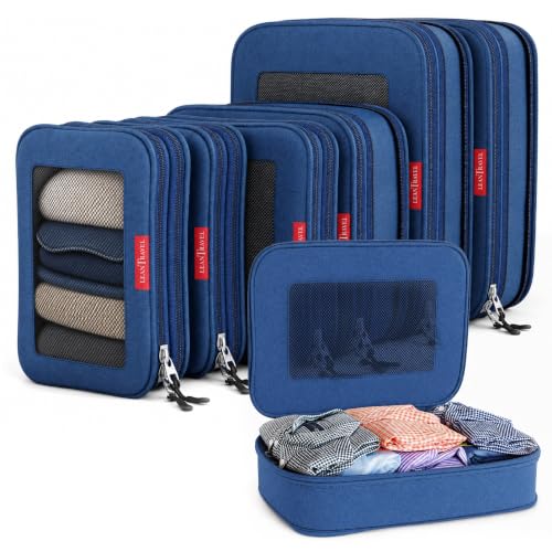 LeanTravel Premium Compression Packing Cubes for Travel - Suitcase Organizer Bags with Double Zipper & Breathable Mesh Panel - Space Saving Carry On Luggage Essentials (6-Pack, Navy Blue) - color: Navy Blue, size: 6 pack