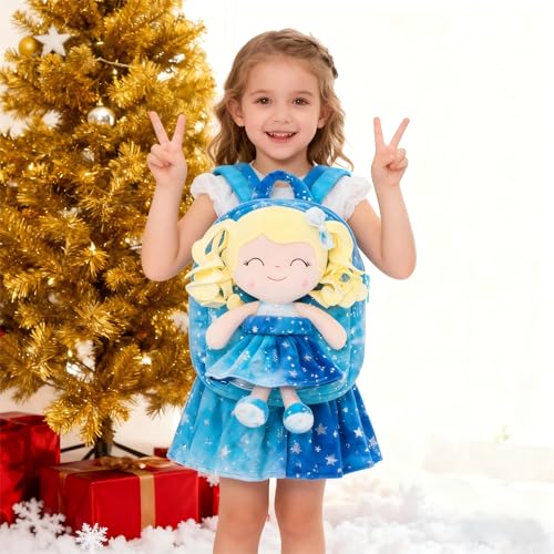 Gloveleya Toddler Backpack Baby Girl Gifts Plush Curly Girl Doll Backpacks Blue Dress with Glitter Stars 9 inches - color: A001 Hot Stamping Blue Backpack, size: 9 inches