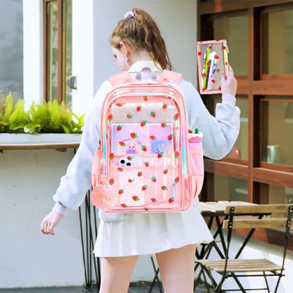 gxtvo 3PCS Clear Backpack for Girls Heavy-Duty Set for Women & Teen, 17" Pink Transparent Bookbag with Rainbow Strap, Cute Strawberry See Through School Bag - color: Pink Strawberry Clear Backpack Set
