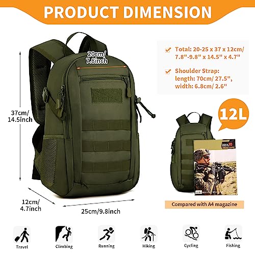 HUNTVP 10L Tactical Backpack Small Backpack Mini Daypack Military MOLLE Rucksack Gear Tactical Assault Pack Bag for Hunting Camping Trekking (10L-Army Green) - color: Army Green, size: 10L