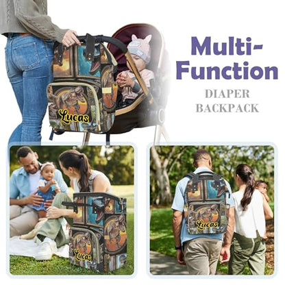 Customizable Large Capacity Diaper Bag Personalized Name, Black Color Dino Waterproof Multi-Function Mommy Bag with Thermal Pockets for Boys，Dinosaur - color: Dinosaur