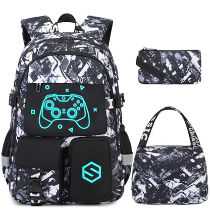 Scothen Boys Backpack, Cool Luminous School Backpack with Lunch Bag & Pencil Case, Kids Backpack for Kindergarten to Middle School, Black Graffiti, 25L, USB Charging Port - color: Black Graffiti