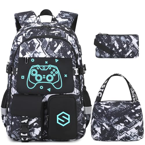 Scothen Boys Backpack, Cool Luminous School Backpack with Lunch Bag & Pencil Case, Kids Backpack for Kindergarten to Middle School, Black Graffiti, 25L, USB Charging Port - color: Black Graffiti