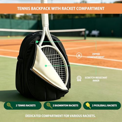 BeGyoku Tennis Backpack,Tennis Bag with Shoe Compartment&Waterproof Pocket&Fence Hook,Tennis Racket Bag Holds 2 Rackets,Large Tennis Bags for Women Men,Gym Sports Bag for Teennis Pickleball Badminton - color: Black